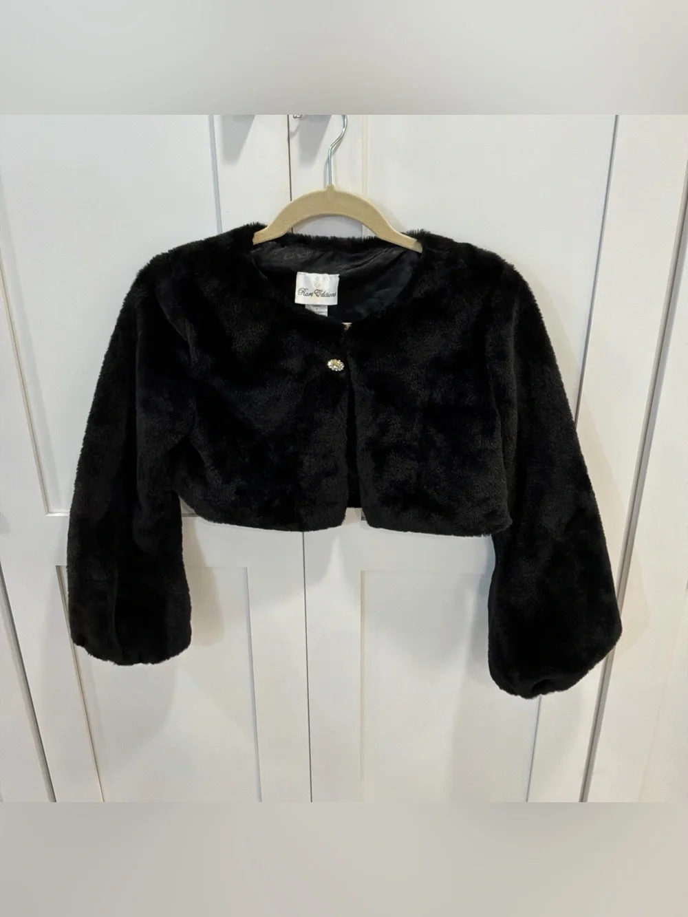 Rare Editions Faux Fur Shrug Girls 12 H469605 Black Rhinestone Button Bolero